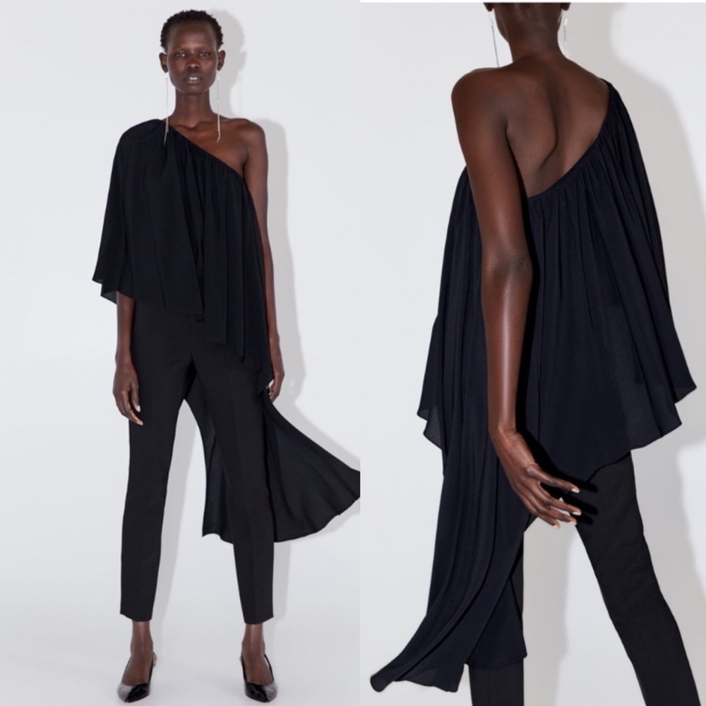 Zara Asymmetrical One Sleeve Flowy Blouse Size XL - Picture 3 of 16